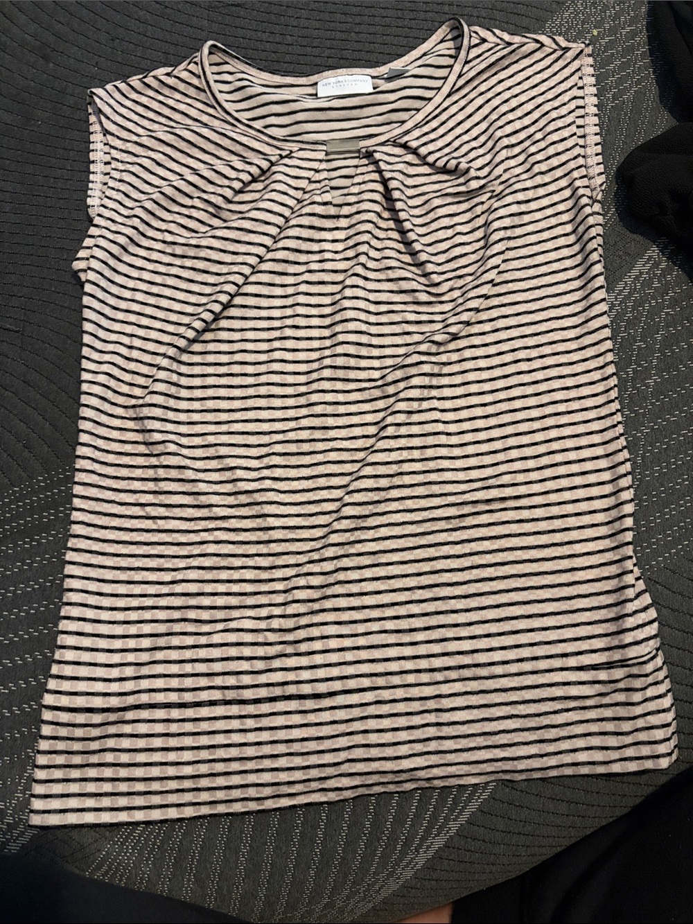 New York & Company Beige and Black Striped Pleated Tank